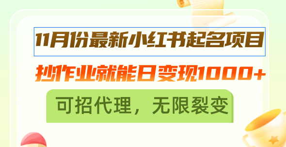 11月份最新小红书起名项目，抄作业就能日变现1000+，可招代理，无限裂变-万众网